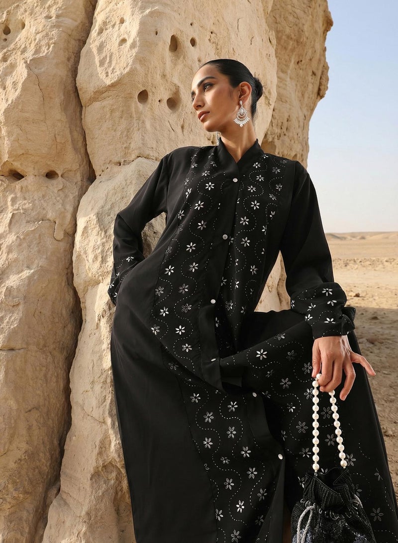 ISHIN Black Floral Laser Cut Abaya with Hijab - Image 1